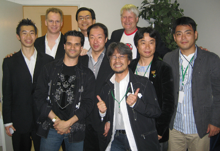 Tommy Tallarico, Martin Leung, and Jack Wall with Koji Kondo, Shigeru Miyamoto, Charles Martinet, and other honored Nintendo guests